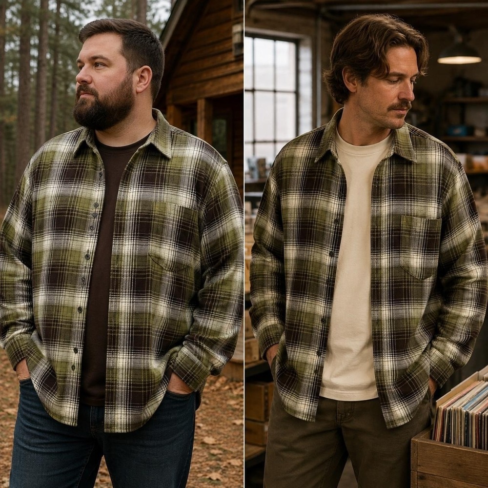 Brahma Men's 3XL Olive Brown Plaid Cotton Button Front Shirt Cabin Lumberjack